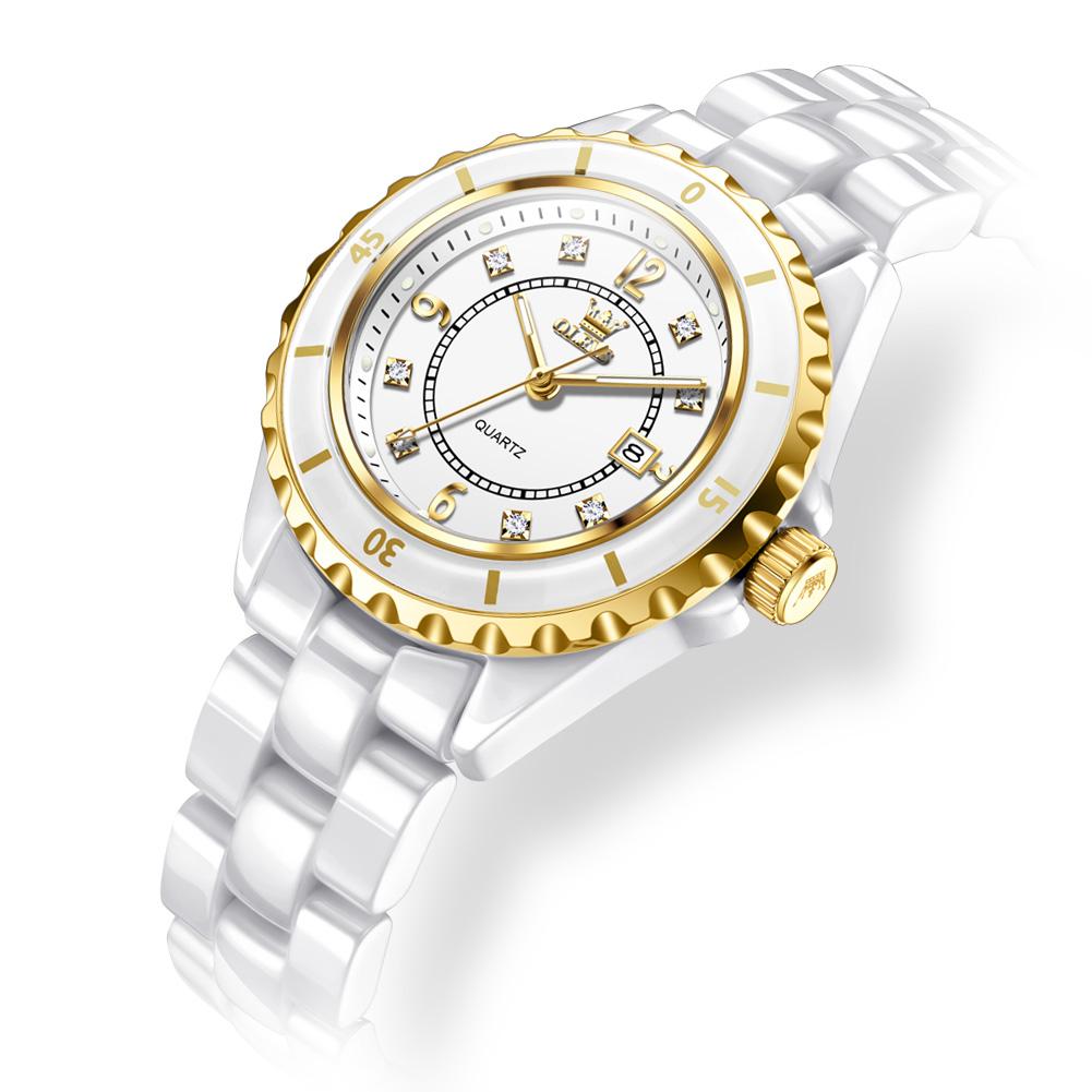 OLEVS Fashion Women's Casual Elegant Simple Quartz Watch Gift for Women Wristwatch Pure White Ceramic Strap Casual Relogio