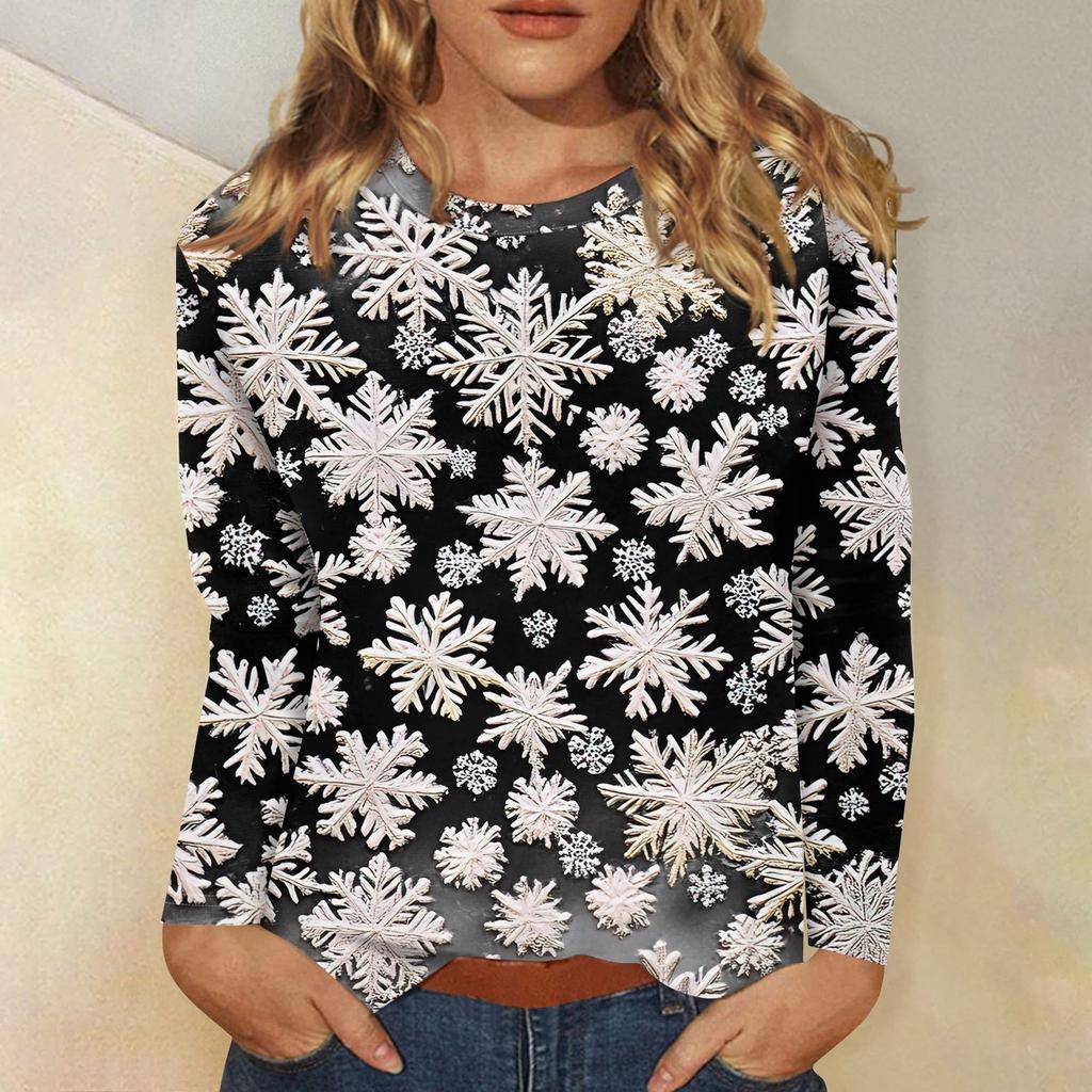 Женская мода повседневный рождественский принт круглый вырез длинный рукав пуловер топ