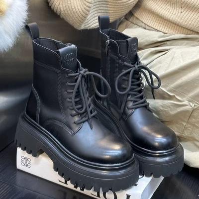 Мода 2024 года, новые женские ботильоны на шнуровке, ботинки на платформе и толстом каблуке для женщин, повседневные ботинки в британском стиле с толстой подошвой, увеличивающие рост