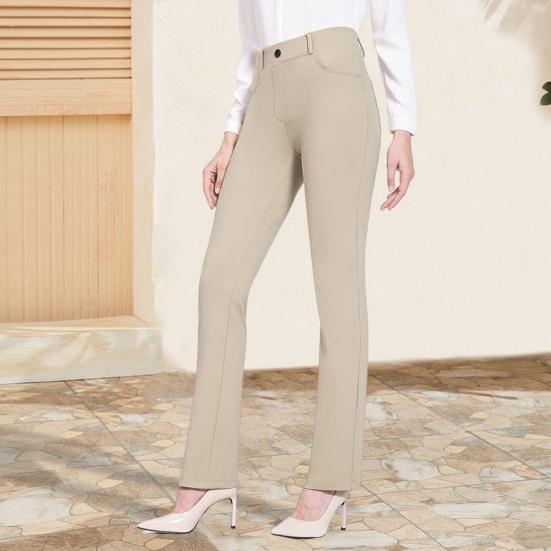 Women Office Pants Elastic High Waist Solid Color Trousers with Pockets Light Flared