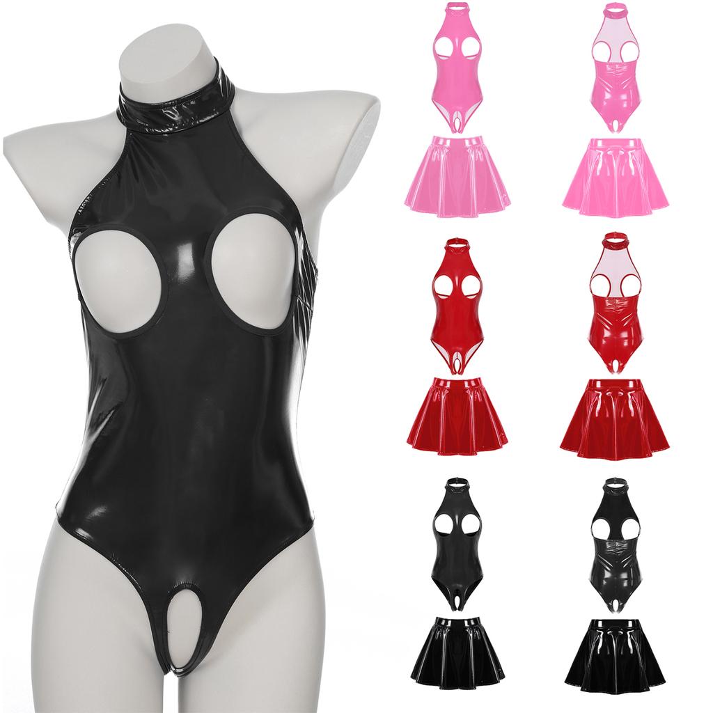 Womens Fashion Lingerie Patent Leather Open Cup Skinny Bodysuit with Skirt Wedding Night Outfits