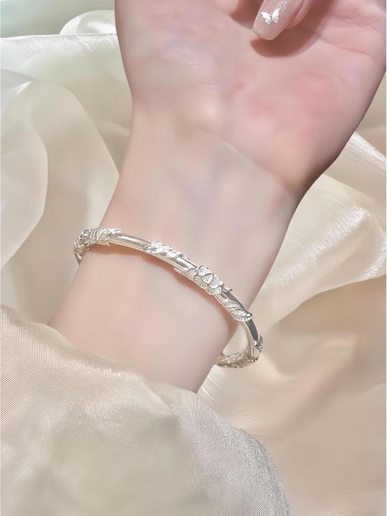 999.9 Pure Silver Bangle - Women's Sterling Silver Bracelet, Qixi Valentine's Day Gift for Wife or Girlfriend