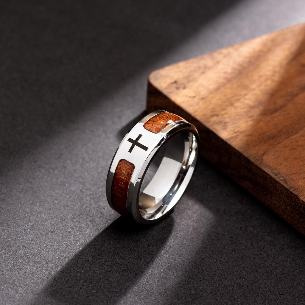 Jewelry Inlaid with Acacia Wood Grain Half Circle Tree of Life Ring Cross Ring