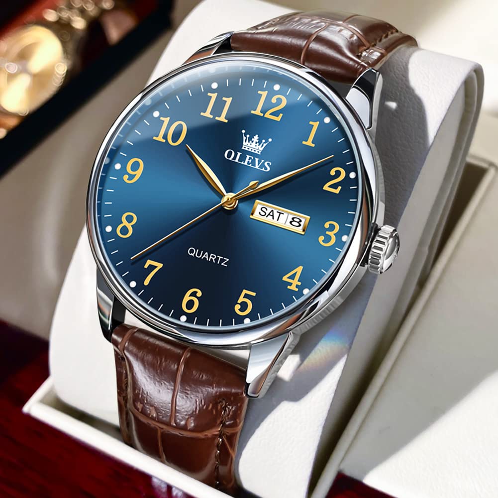 OLEVS Simple Stylish Waterproof Watch Date Analog Brown Leather Belt Watch Business Quartz Easy To Read Blue Dial Clock Gift Watch for Nam Casual