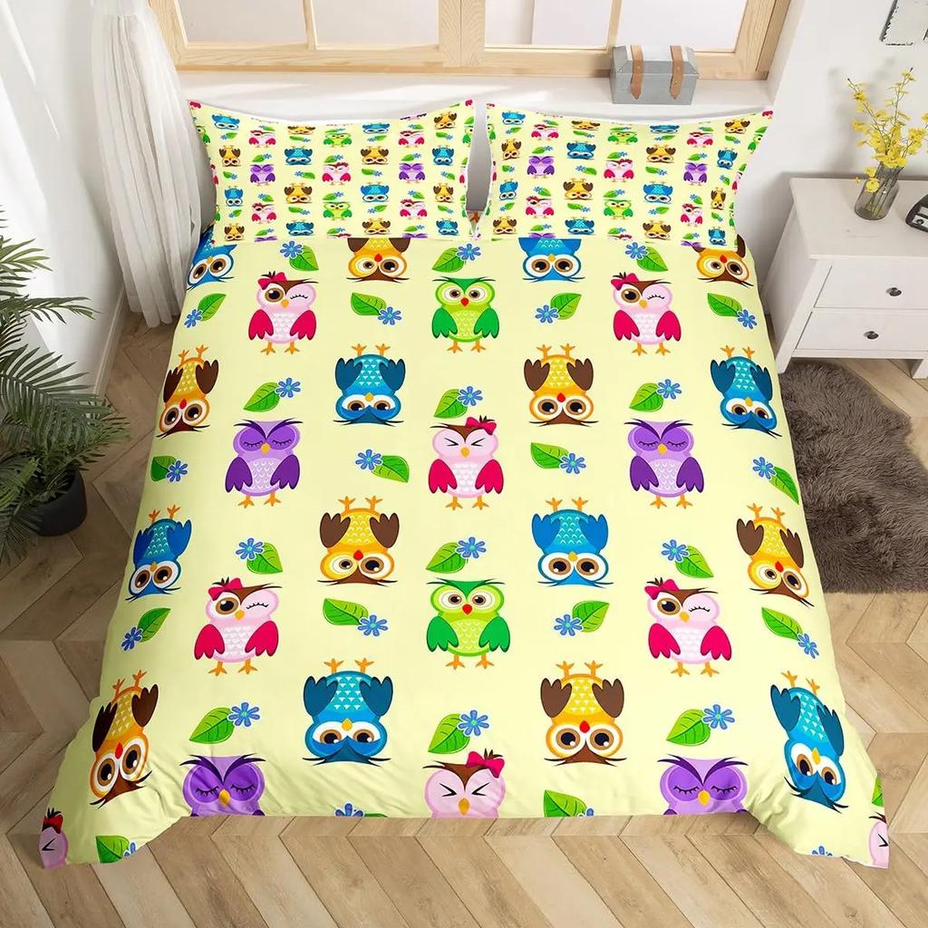 Kids Cartoon Garden Bed Set Cute Owls Comforter Cover, Chic Tree Butterfly Duvet Cover Full Queen White Daisy Floral Bedding Set