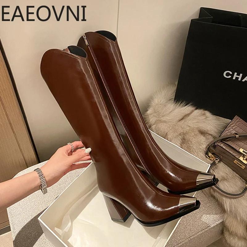 Fashion Designer Winter Woman High Boots Fashion Pointed Toe Long Boots Shoes Ladies Elegant Square Heel Women's Knight Bootties