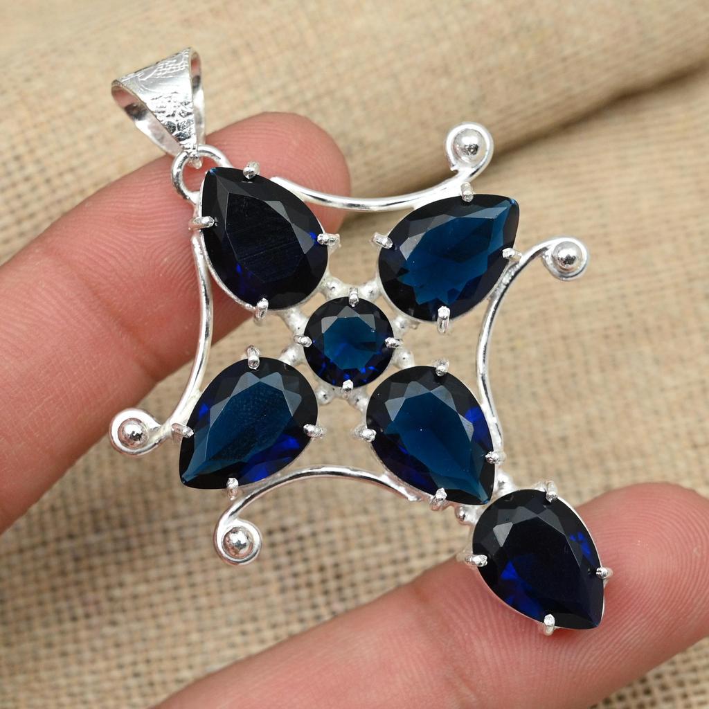 925 Sterling Silver Blue Sapphire Lab-Created Jewelry Handmade Gemstone Fancy Pendant