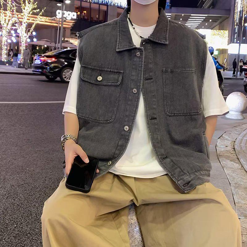 Men's Retro Denim Hong Kong Style Trendy Sleeveless Waistcoat Jacket