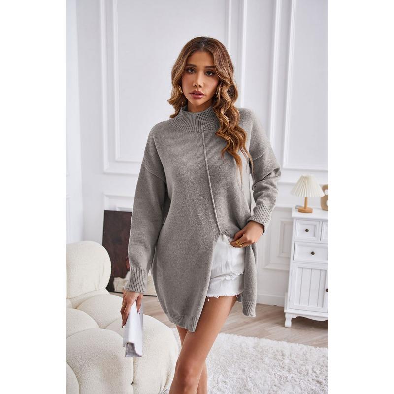 Зимний женский свитер, однотонный пуловер с высокой горловиной, вязаный свитер, модный свитер средней длины с разрезом