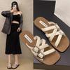 Flat Sandals Summer New Square Head Open Toe Metal Buckle Thin with Soft Sole Anti-slip Wear-resistant Slippers