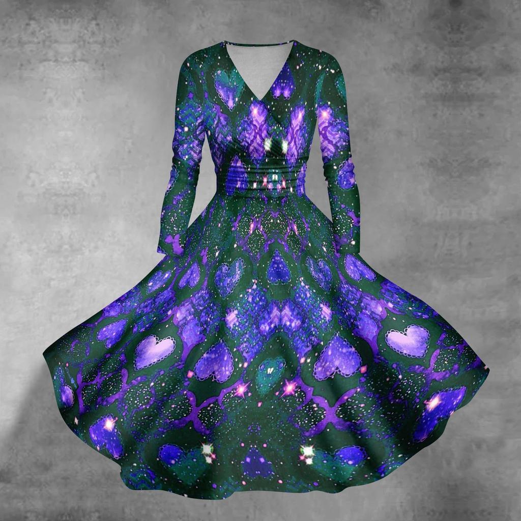 Женское повседневное и модное сексуальное платье с v-образным вырезом и длинными рукавами с принтом