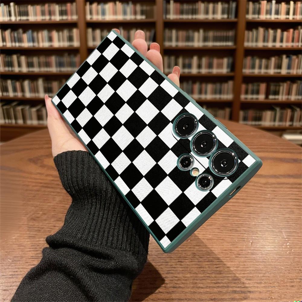 Black and White Checkerboard Soft TPU Case Slim Shockproof Protective Cover For Samsung Galaxy S Ultra FE Plus A Series 5G