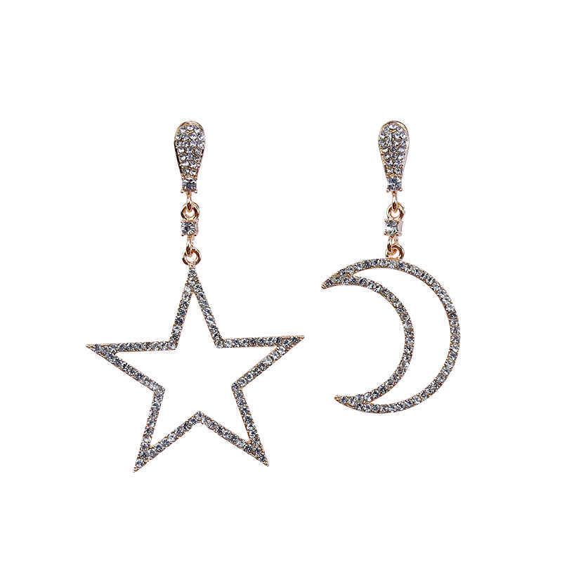 925 Silver Needle Asymmetrical Star and Moon Rhinestone Earrings