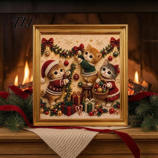 Creative Hobby for Women Christmas Cat Faux Pearl Art Kit with Frame, Kitty Painting DIY Beginners Kit, 3D Bead Wall Craft Adults, Handmade