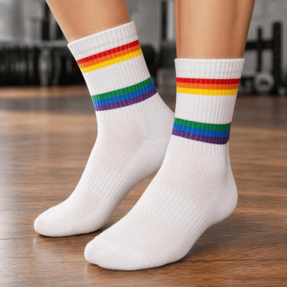 2PCS Breathable Mesh Striped Socks Rainbow Stripe Cotton Tennis Socks Badminton