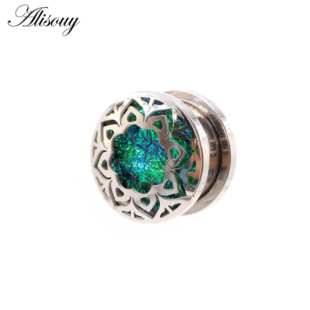 Alisouy 2 шт., ретро нержавеющая сталь, опал, полые цветы, ушные туннели, заглушки, расширитель, носилки, калибры, серьги, ювелирные изделия для пирсинга