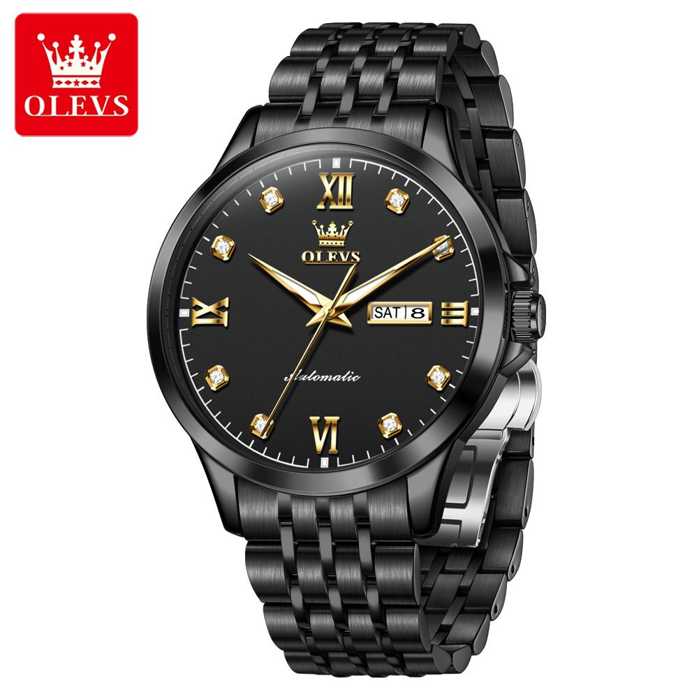 OLEVS 7092 Automatic Men's Watches Stainless Steel Dual Calendar Diamond Roman Scale Classic Luxury Business Mechanical Watches