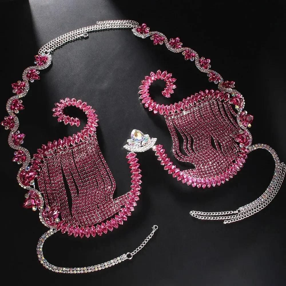 Rave Pink Crystal Chest Bracket Sexy Top Accessories for Women Nightclub Outfit Bikinis Rhinestone Bra Chain Dress Jewelry