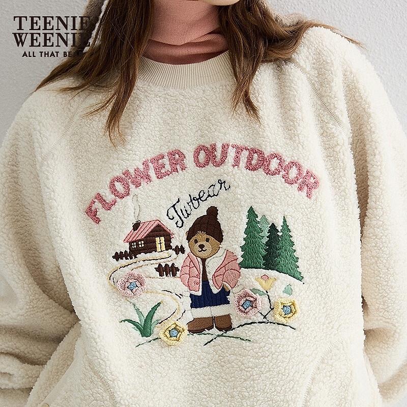 Teenie Weenie Women's 2025 Autumn Round Neck Faux Lamb Wool Sweatshirt