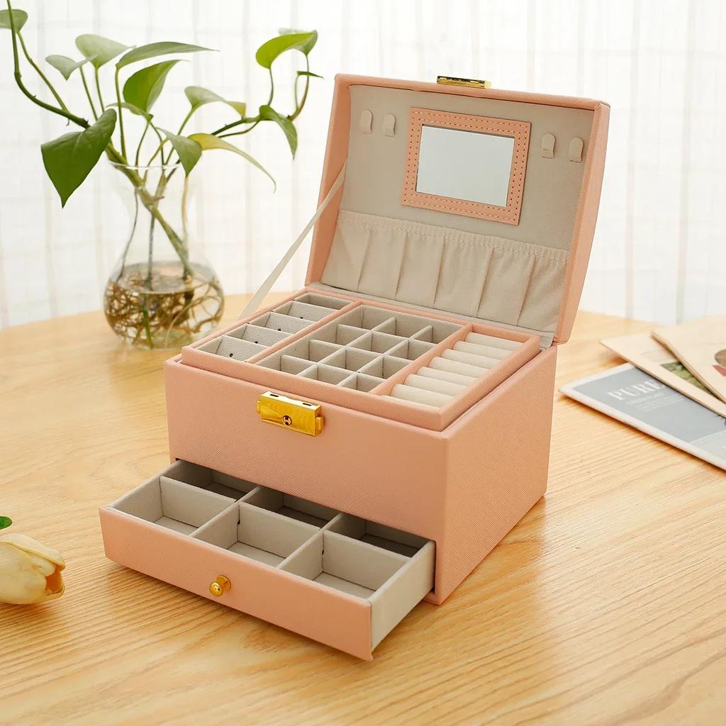 Органайзер для ювелирных изделий из искусственной кожи, витрина для ювелирных изделий с зеркалом, двухслойный держатель для хранения ювелирных изделий, ящик большой емкости
