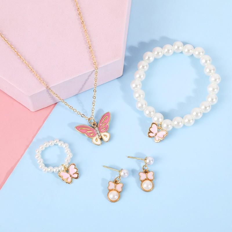 Eco-Friendly Kids Jewelry Set With Butterfly Pendant Pearl Chain Necklace Earrings Bracelet Ring Girls