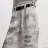 unifree Letter Print Tie-Dye Distressed Loose Straight-Leg Pants