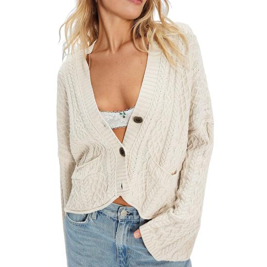 Women Sweater Coat V-Neck Long Sleeve Buttons Closure Cardigan Jacket with Pockets Solid Color Twist Texture Knitting Coat