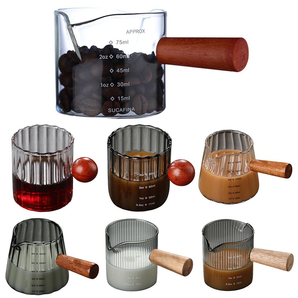 75ml Scale Measure Mug with Wood Handle Glass Measuring Cup with Spout Milk Frothing Pitcher Clear Glass Espresso Accessories