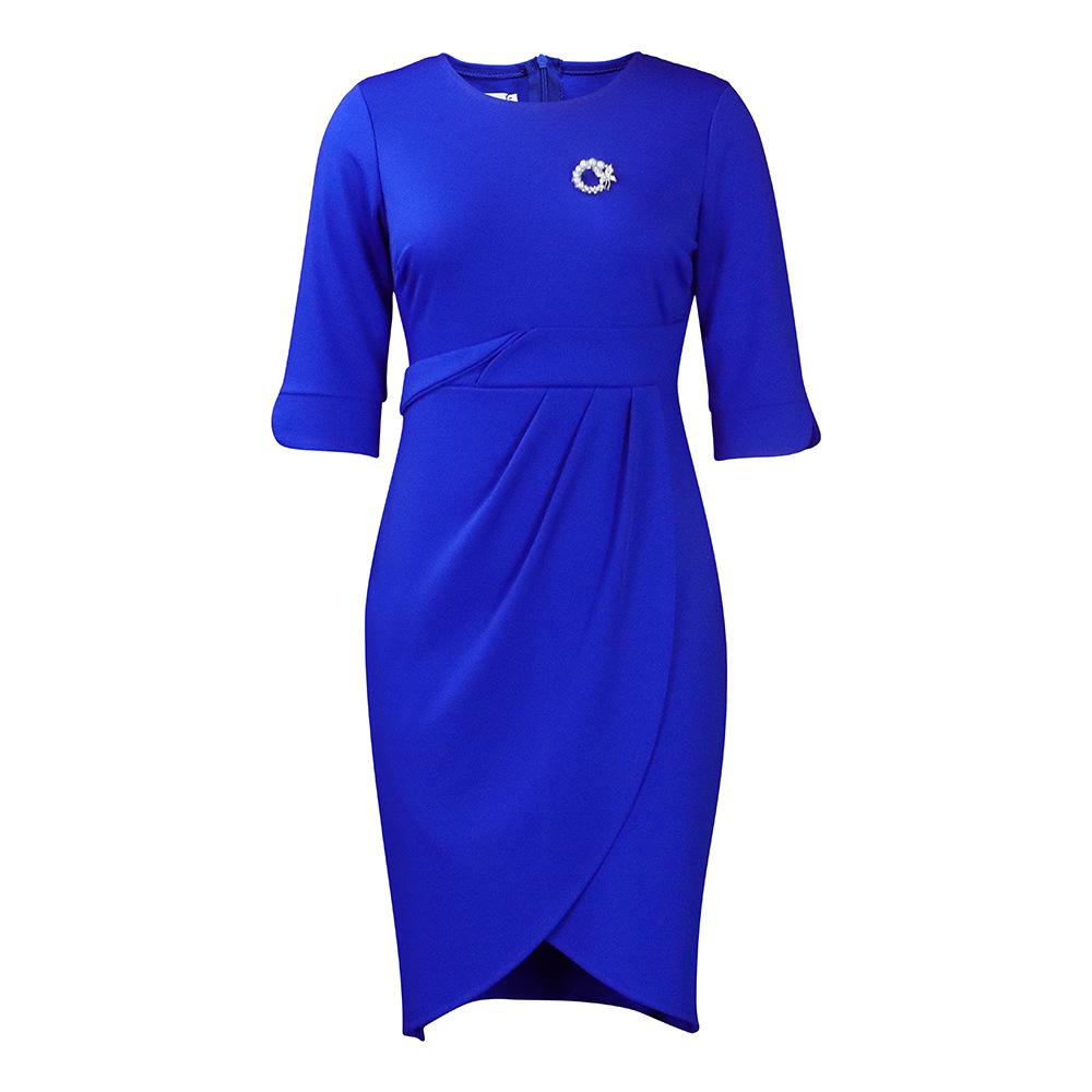 Женское модное однотонное плиссированное платье большого размера, элегантное цельное платье со средними рукавами и круглым воротником с брошью