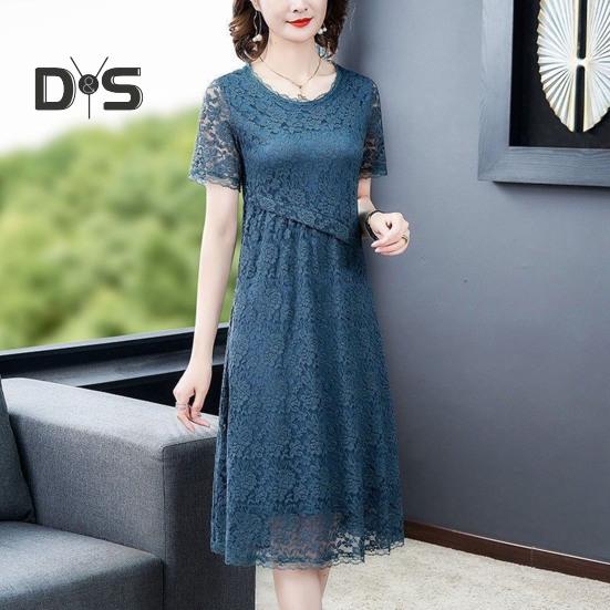 Women Dress Hollow Out Lace Round Neck Solid Color Flower Embroidery A Line Loose Hem Double Layers Knee Length Short Sleeve Lady Midi Dress