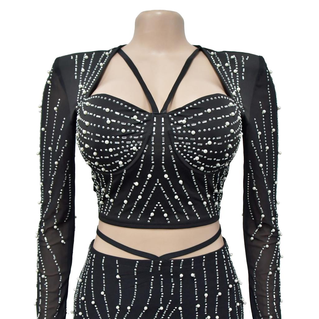 Evening Dress Fashion Women's Evening Gown Solid Colour Mesh Hot Drilling Long Sleeve Long Dress Set