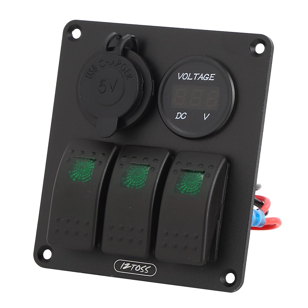 Multifunction 3 Gang Rocker Switches Panel with Voltmeter Display 4.8A Power Charger for RV BoatGreen Light