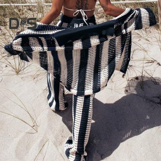 2 шт./компл., женская рубашка и брюки, комплект трикотажных полых V-образным вырезом, однобортная блузка с рукавами три четверти, высокая талия, широкие брюки, пляжный наряд