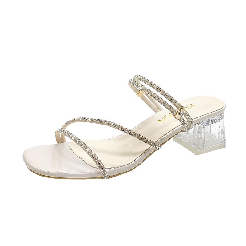 Rhinestone Sandals Two Wear Cool Slippers Women's Summer Wear 2025 New Thick Heel High Heels