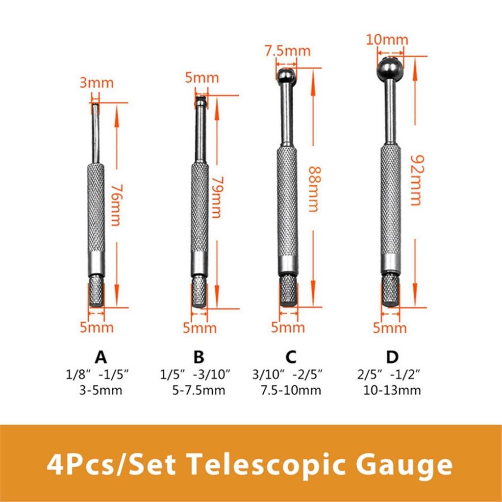 4pcs Telescoping Small Hole Gauge Set Full Round Spherical Shaped Hardened Bore Gauge Round