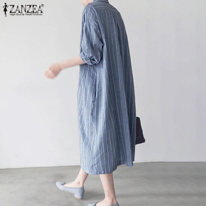 ZANZEA Повседневное женское платье-рубашка с отложным воротником и длинным рукавом в полоску