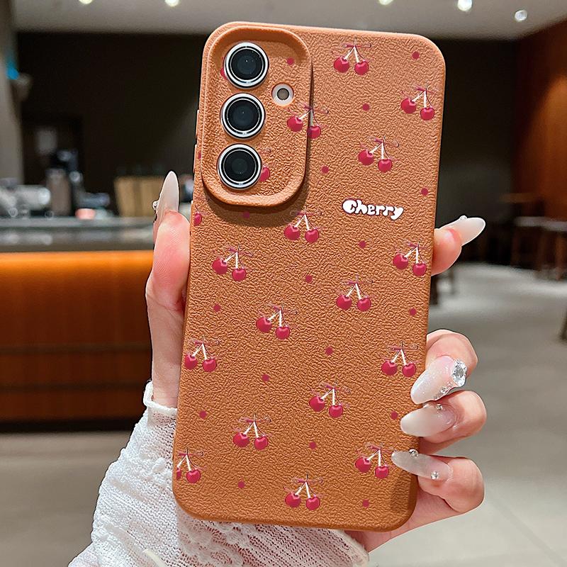 Чехол с принтом вишни для Samsung S26 S25 Ultra S24 S23 S22 S21 FE A15 A35 A55 A16 A36 A56 A17 A18 A37 A57 5G Мягкая обложка с текстурой кожи