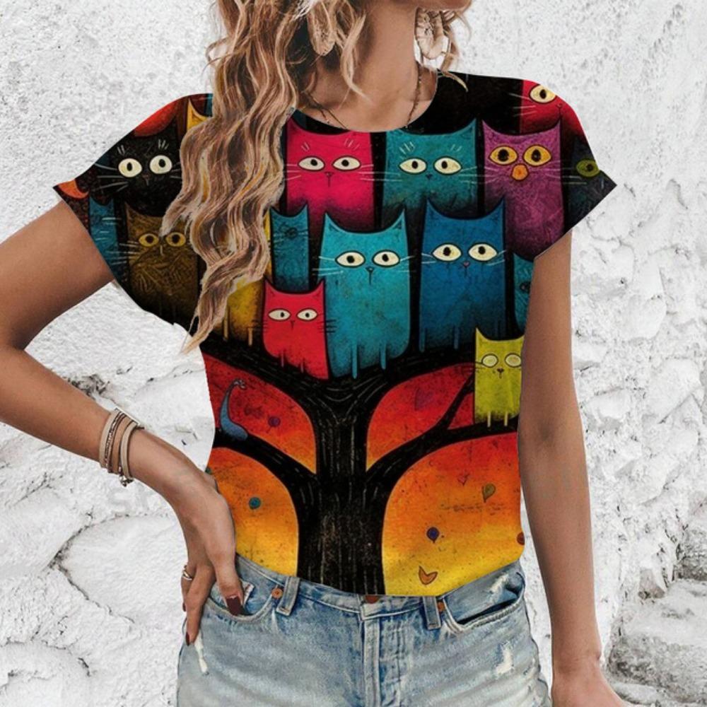 Elegant Women's T-Shirt Fashion Art Cats Pattern Print T-Shirt Summer Leisure Short Sleeved T-Shirt Women's Oversized T-Shirt