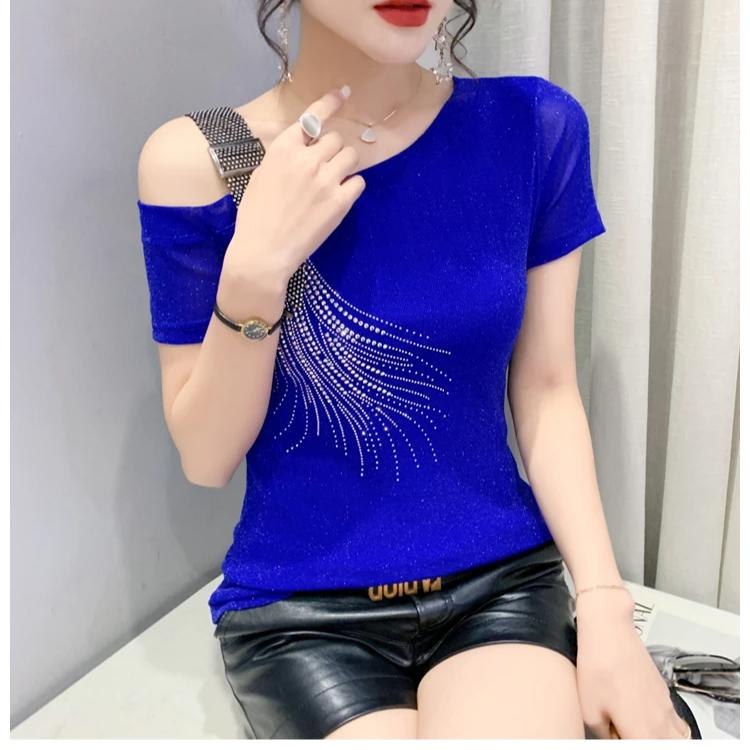Летняя мода Европейская женская одежда Футболка Сексуальная с открытыми плечами Блестящие бриллианты Сетка Женские топы На все случаи жизни Футболки Блузка