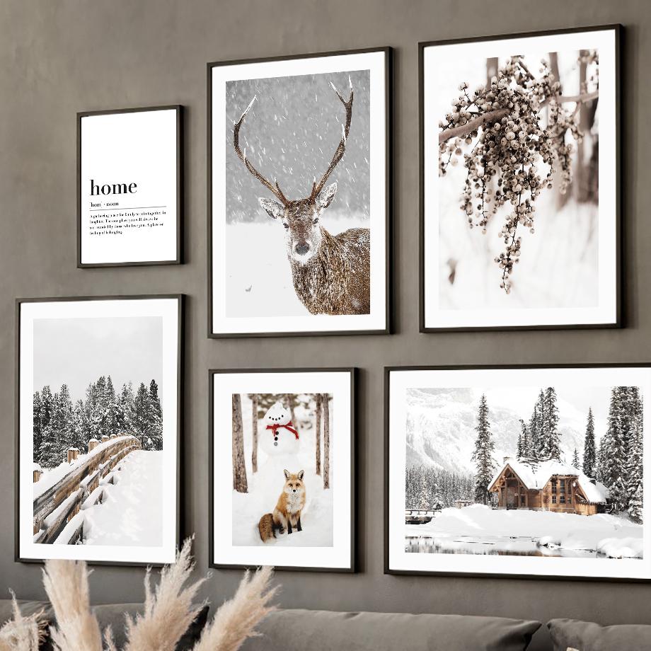 Wall Art Canvas Painting Christmas Winter Snow House Deer Fox Nordic Posters And Prints Wall Pictures For Living Room Decoration