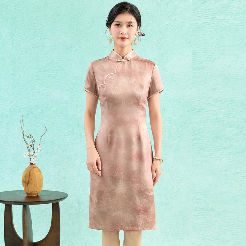 Flag Opening Victory 19mm Mulberry Silk Cheongsam Dark Pattern Jacquard Stand up Collar Short Sleeve Elegant Straight Tube Dress