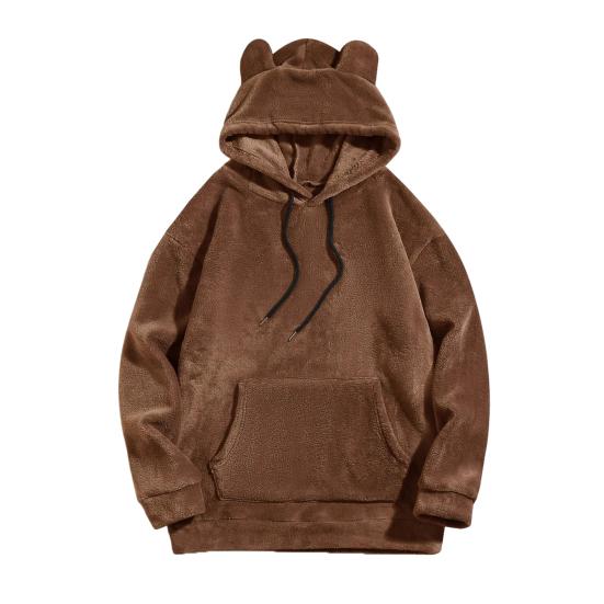 Зимняя мужская толстовка с капюшоном с декором в виде мультяшных ушей, двухсторонний бархат с большим передним карманом, свободная длинная