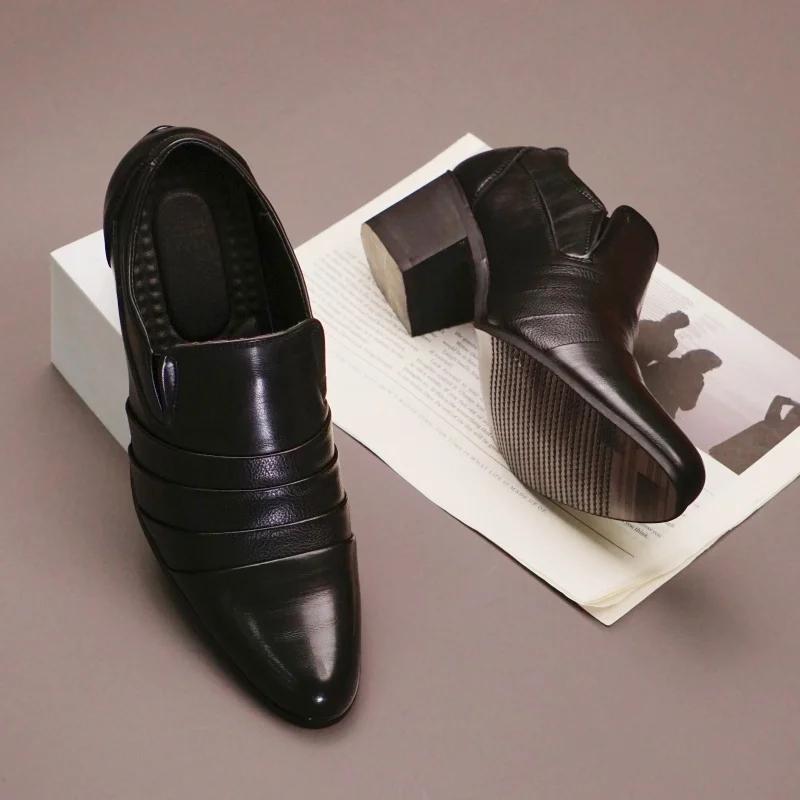 Мужские банкетные туфли высокого класса на высоком каблуке с острым носком, офисные, деловые, кожаные, классические коричневые мужские кожаные лоферы