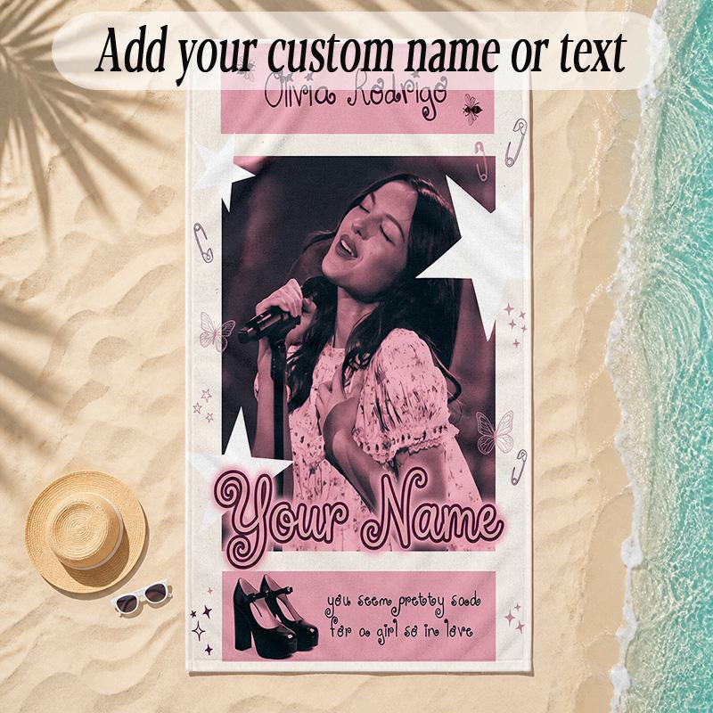 Beach TowelOlivia Rodrigo Custom Name Text Personalized Soft Towel for Beach Pool Indoor Home Decor Gift