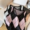 Autumn Fashion Casual Argyle Knitted Sweater Vest Women Winter Retro Sleeveless Pullover Sweater Women Waistcoat  Round Neck Knitwear Vests 24821