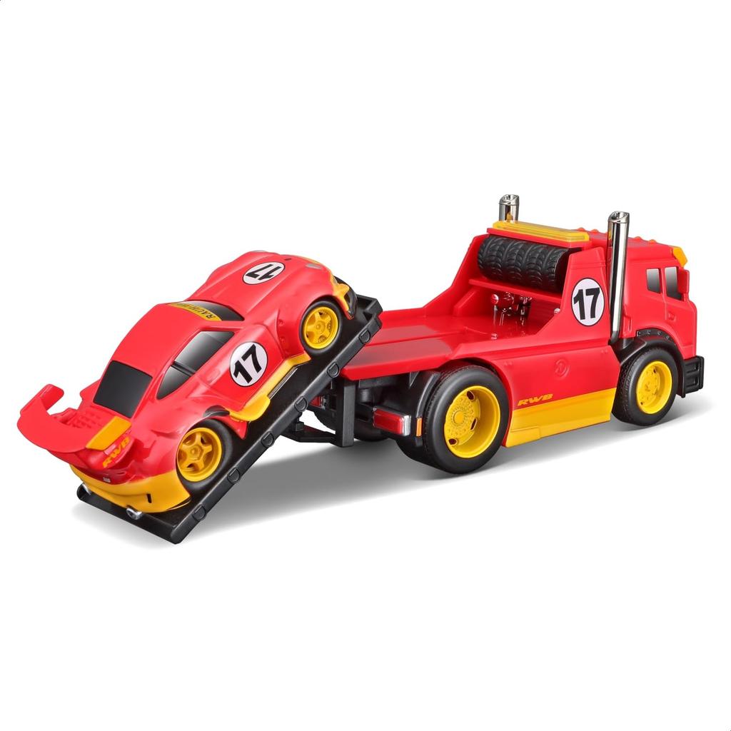 Maisto 1/64 Scale Muscle Machines Muscle Transporter / Diecast Model Car (JDM Flatbed/RWB 993 911 - Red/Orange 11543)