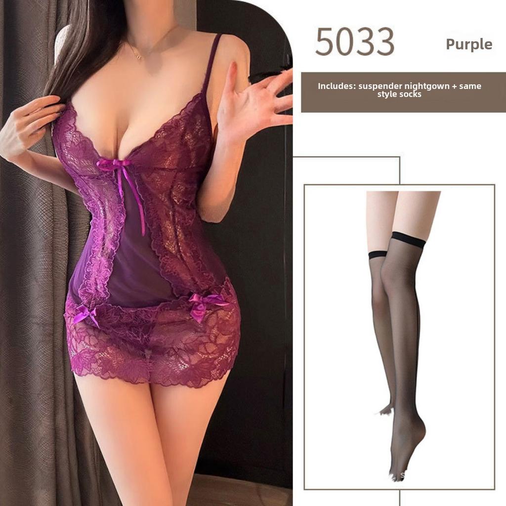 Фиолетовый Pure Desire ночная рубашка с подвязками на чулки ажурное кружево прозрачная кровать сексуальная пижама флирт