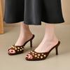 Summer New High-heeled Sandals Women's Temperament Round Head Shallow Rivet Thin Heel Versatile Outward Wear Flip-flops