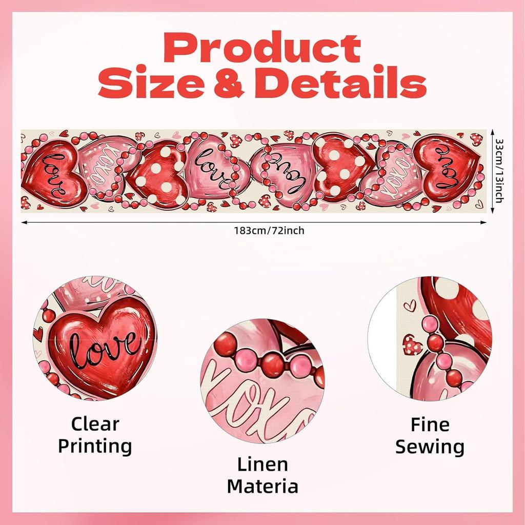 72 x 13 Inch Valentines Day Table Runner – Red and Pink Hearts with Love and XOXO Lettering, Polka Dot Heart Pattern for Dining Room, Kitchen, and