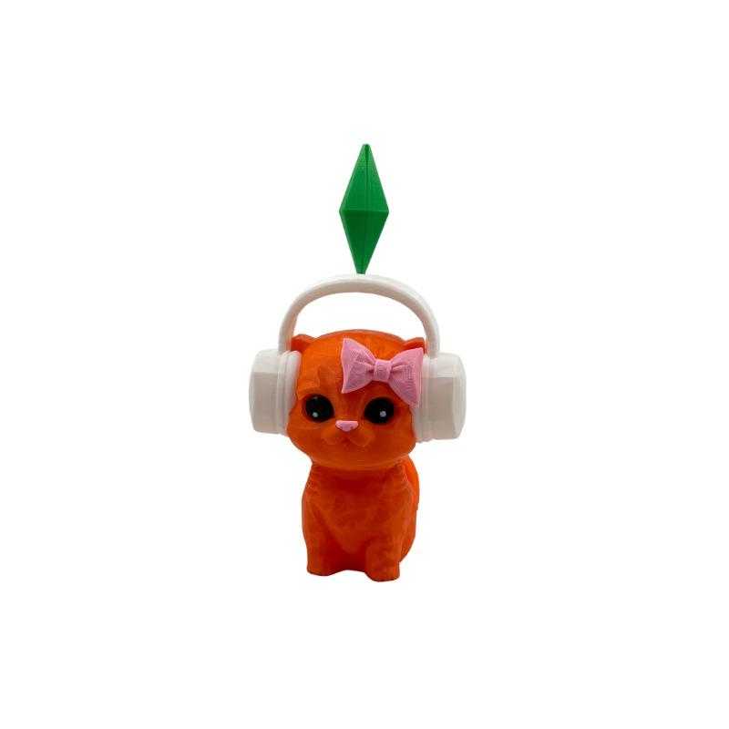 3D-печатная фигурка кота Sim-S с наушниками и декором Plumbob - Милая геометрическая статуэтка котенка, Декор для домашнего стола, Кавайные акценты, Подарок